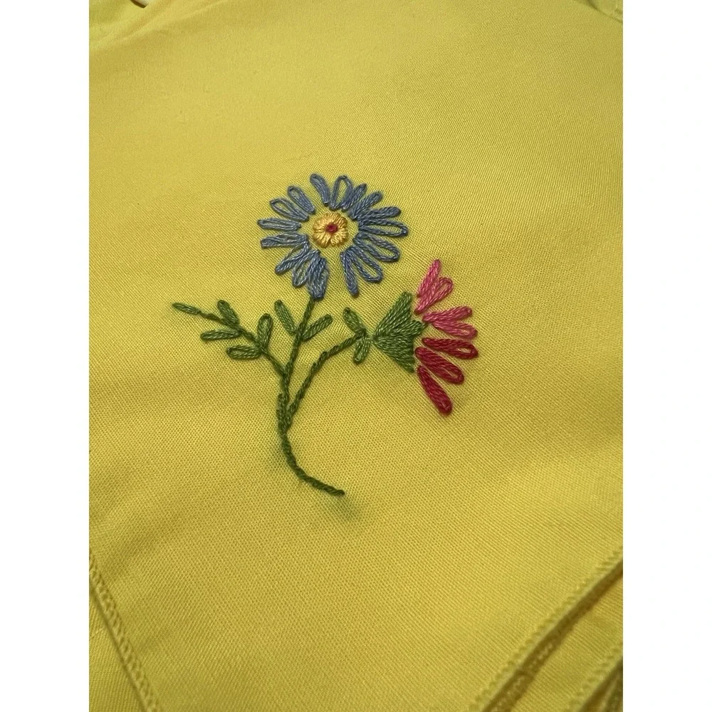Vintage 70s MCM Yellow Embroidered Floral Cotton Placemat/Napkin Set For 4